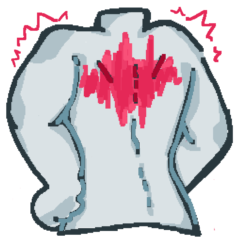 A ms paint style drawing of a grey persons back. By the upper half of the back near the shoulder and neck area  is colored red.